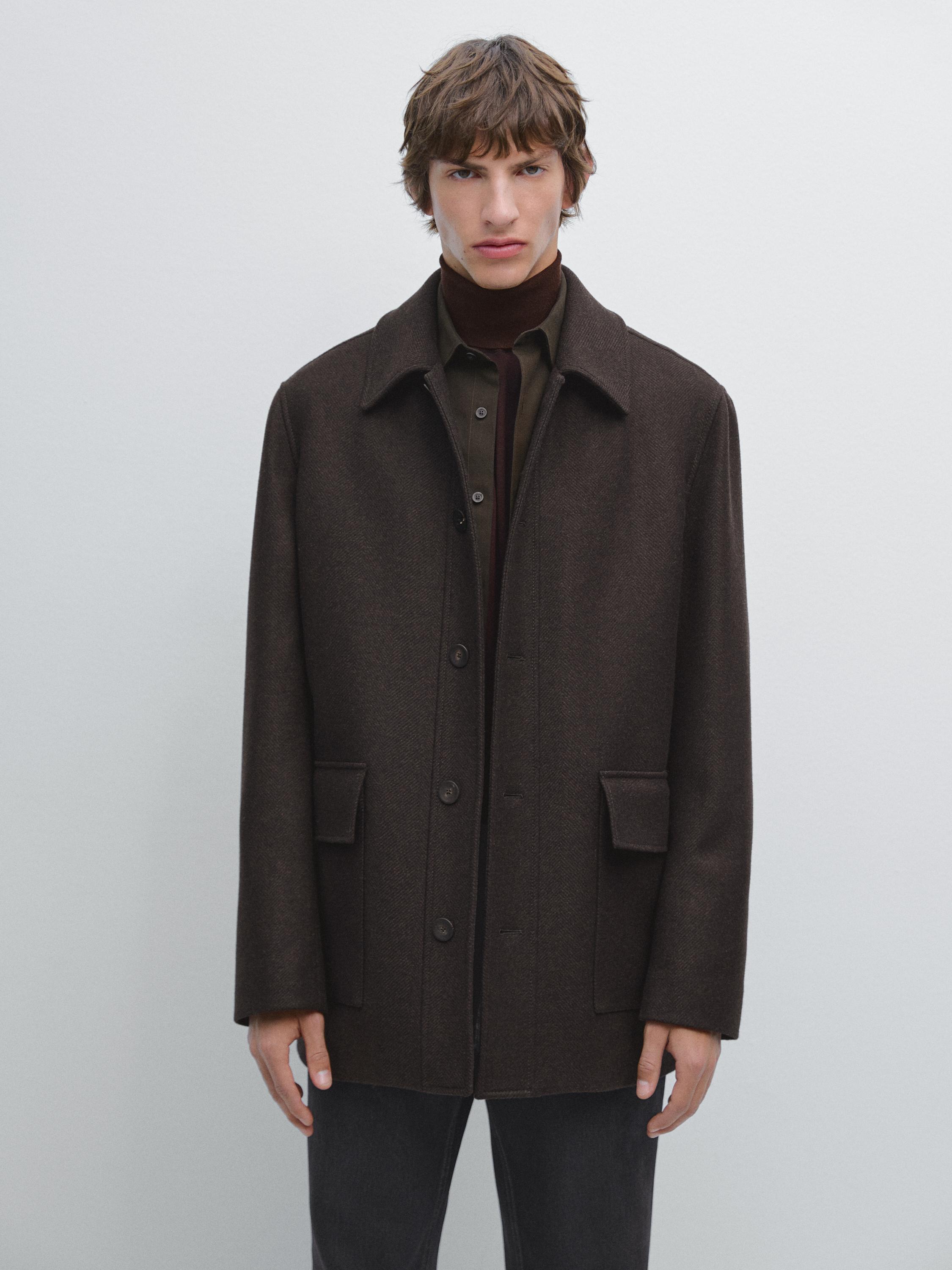 Mid-length herringbone wool blend coat